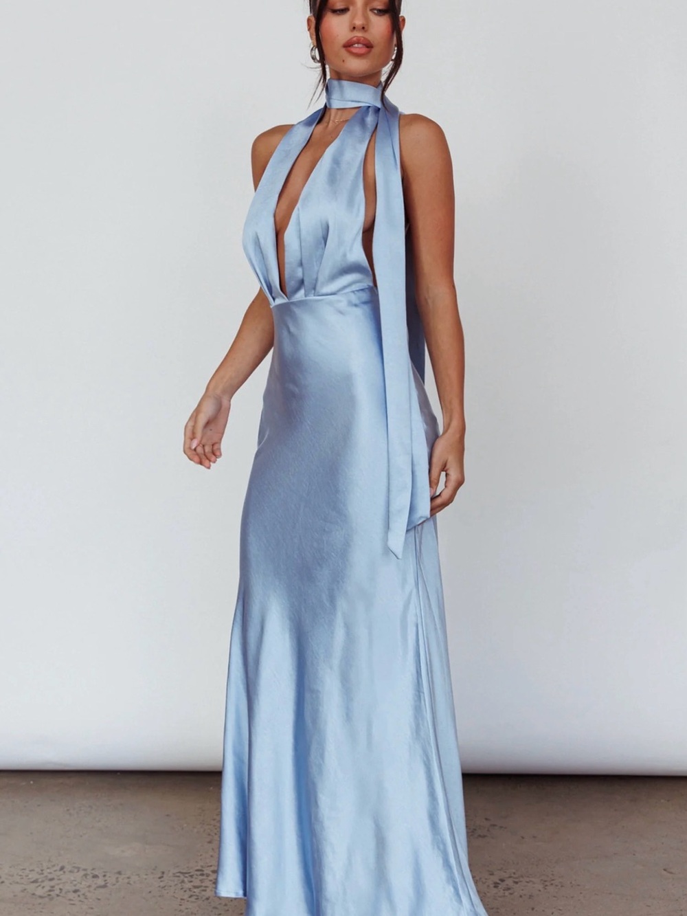 Satin Halter Maxi Dress in Light Blue with Tie-Neck